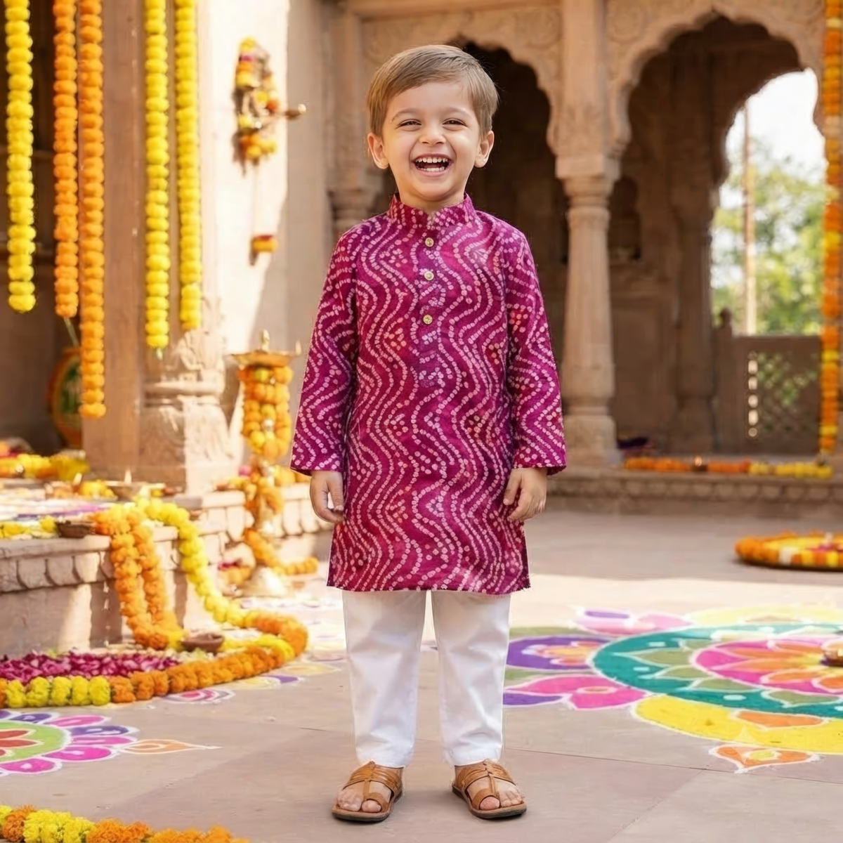 Jamuni Bandhej Kurta Pajama Set | Purple | Pure Cotton