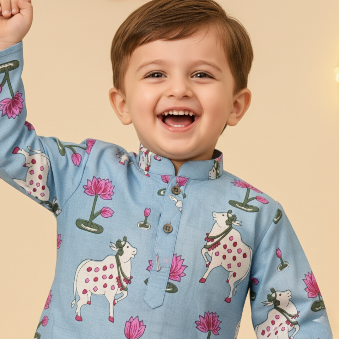 Blue Pichwai Kurta Pajama Set | Pure Cotton