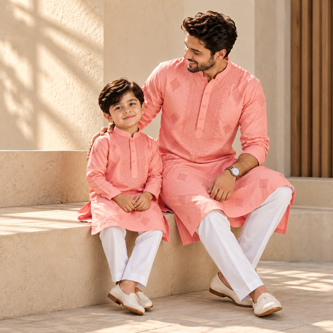 Dusty Rose | Father & Kids Twining Kurta Pajama Set | Lucknow Chikankari | Pure Cotton Silk