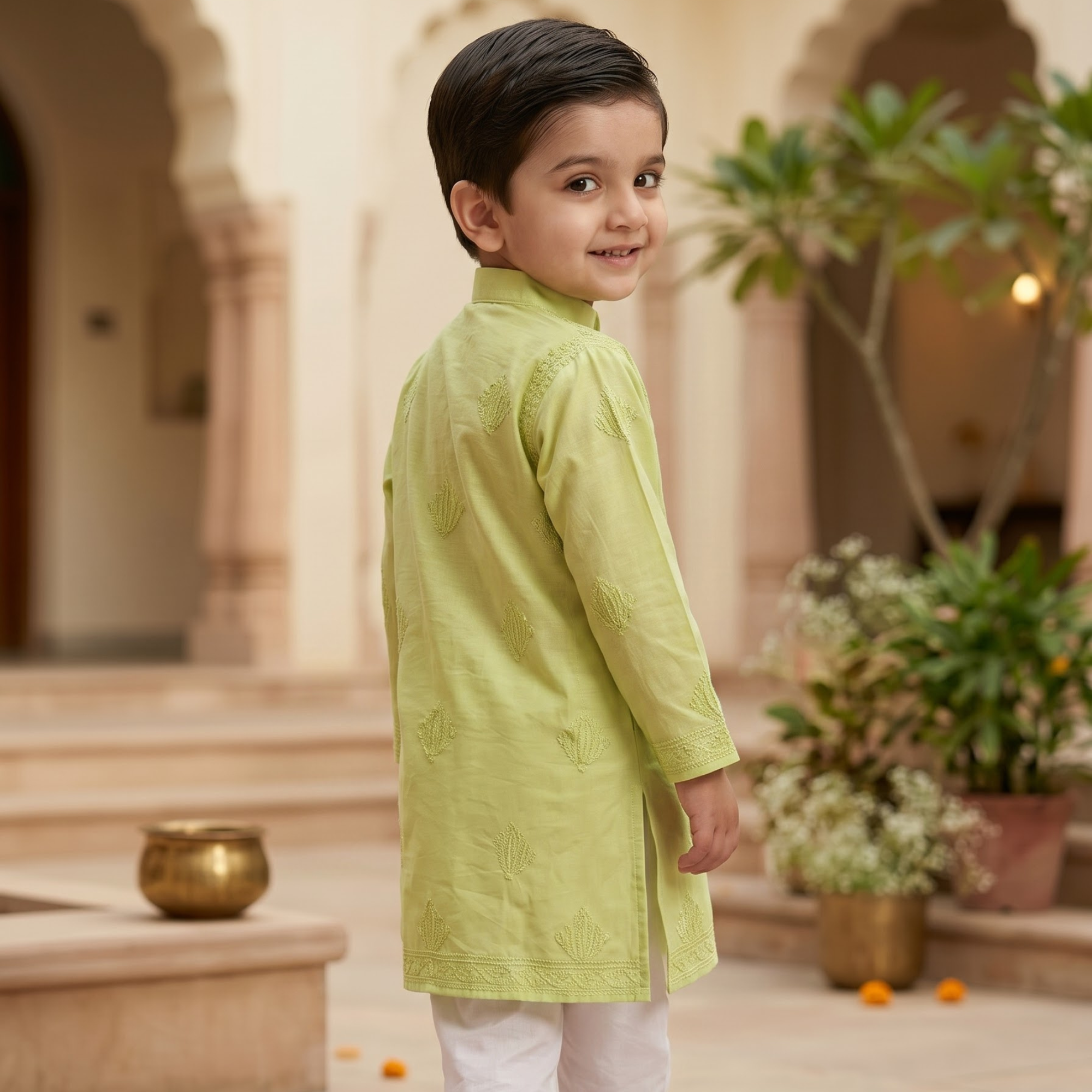 Sage Green Lucknow Chikankari Kurta Pajama Set | Pure Chanderi