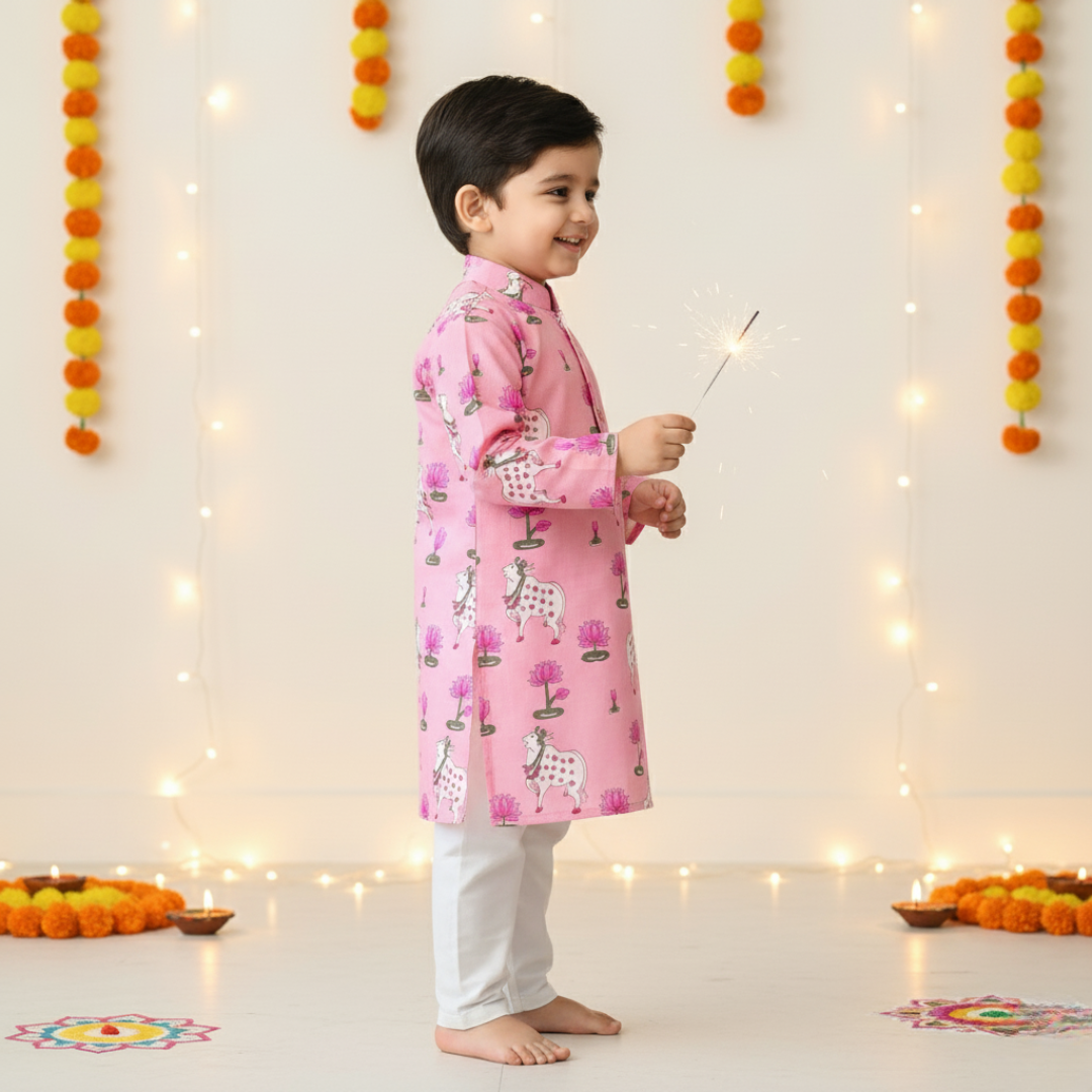 Pink Pichwai Kurta Pajama Set | Pure Cotton