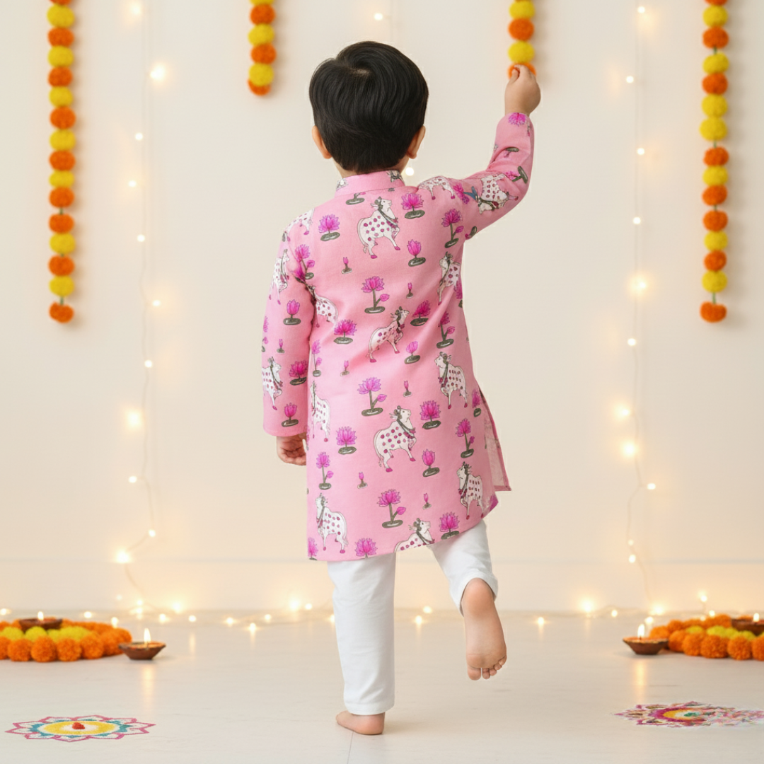 Pink Pichwai Kurta Pajama Set | Pure Cotton