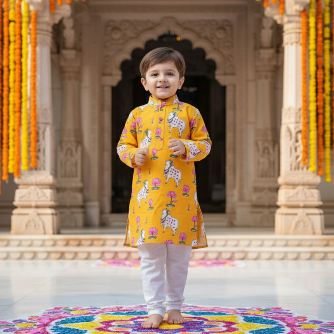 Yellow Pichwai Kurta Pajama Set | Pure Cotton
