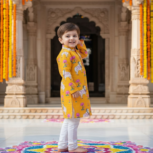 Yellow Pichwai Kurta Pajama Set | Pure Cotton