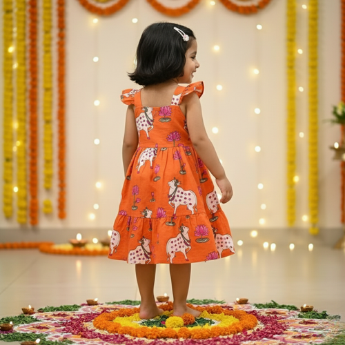 Orange  Pichwai  Girls Dress | Pure Cotton
