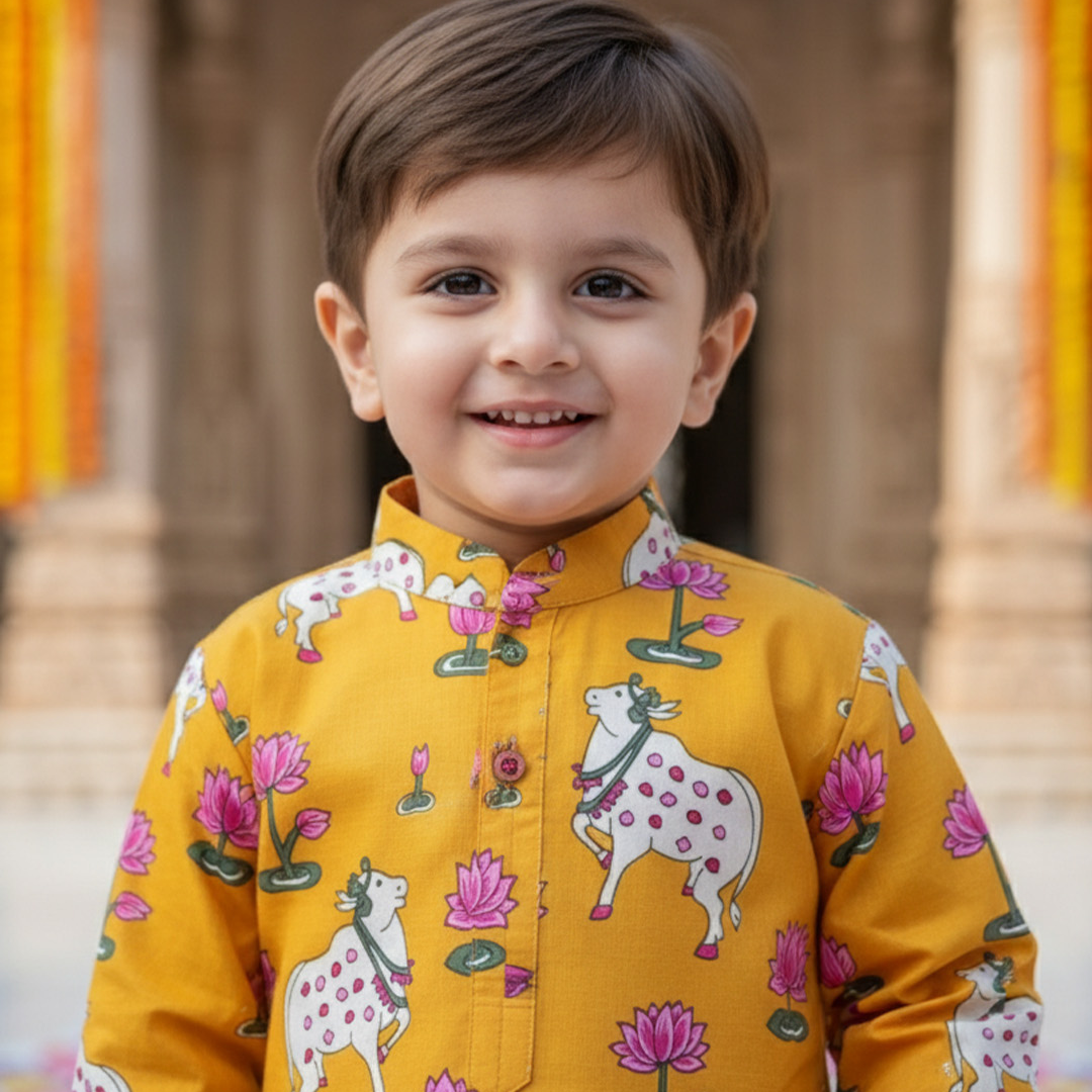 Yellow Pichwai Kurta Pajama Set | Pure Cotton