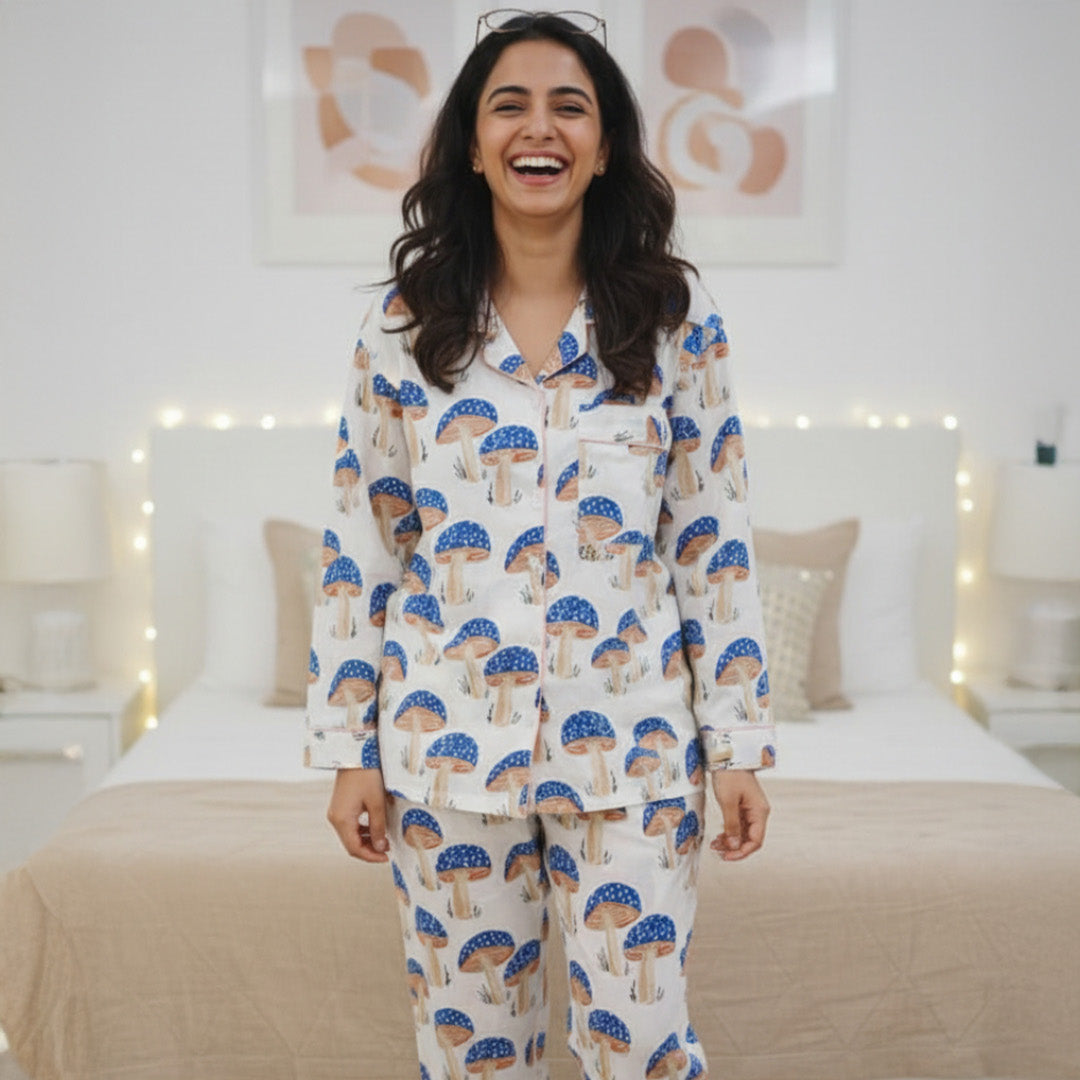 Blue Mushrooms| Adult Nightsuit Set| Pure Cotton