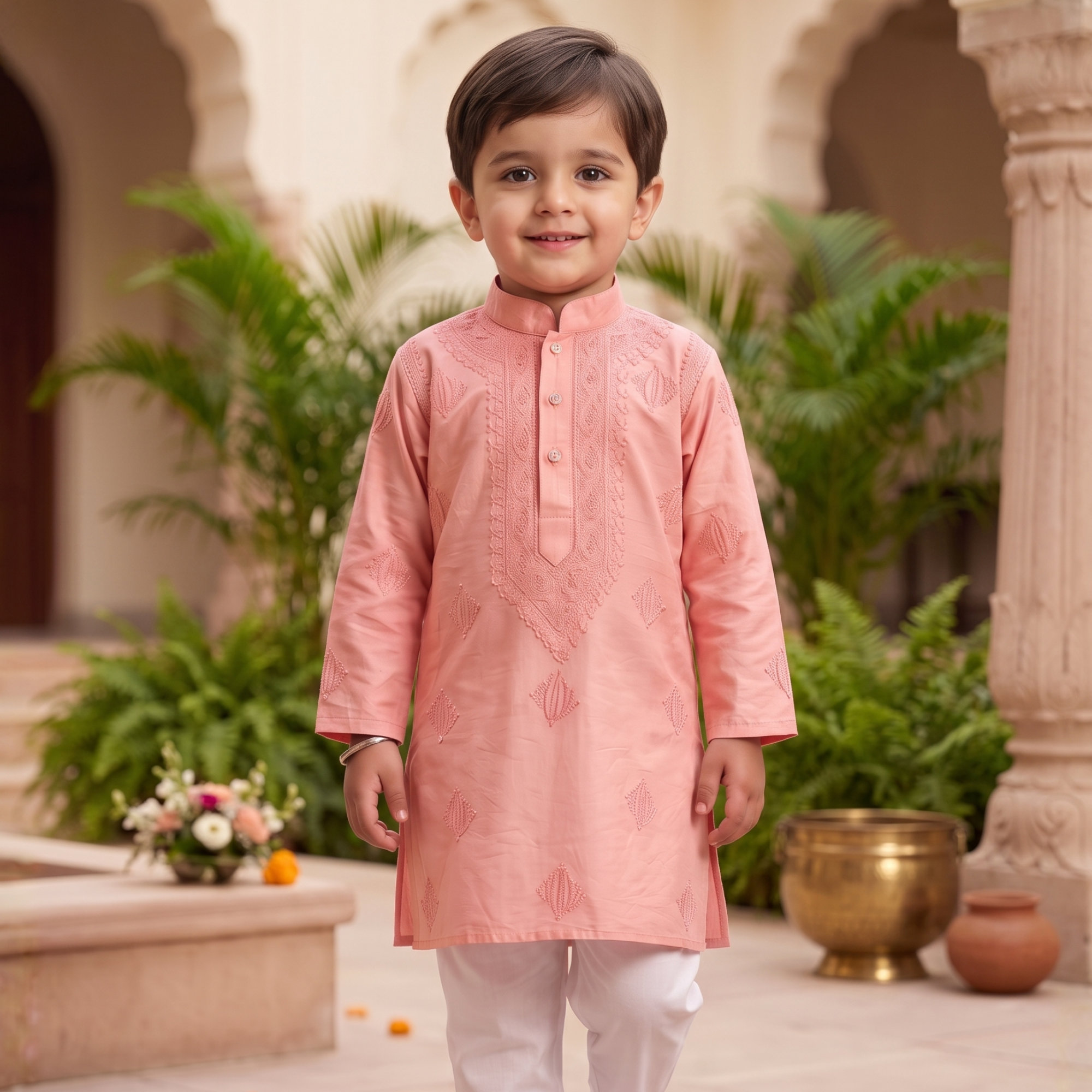 Dusty Rose Lucknow Chikankari Kurta Pajama Set | Pure Chanderi