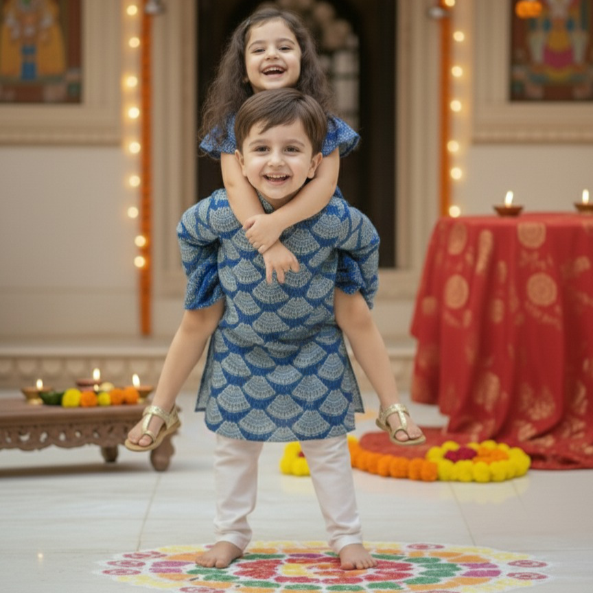 Blue Bandhani Sibling Twinning Outfits| Pure Cotton