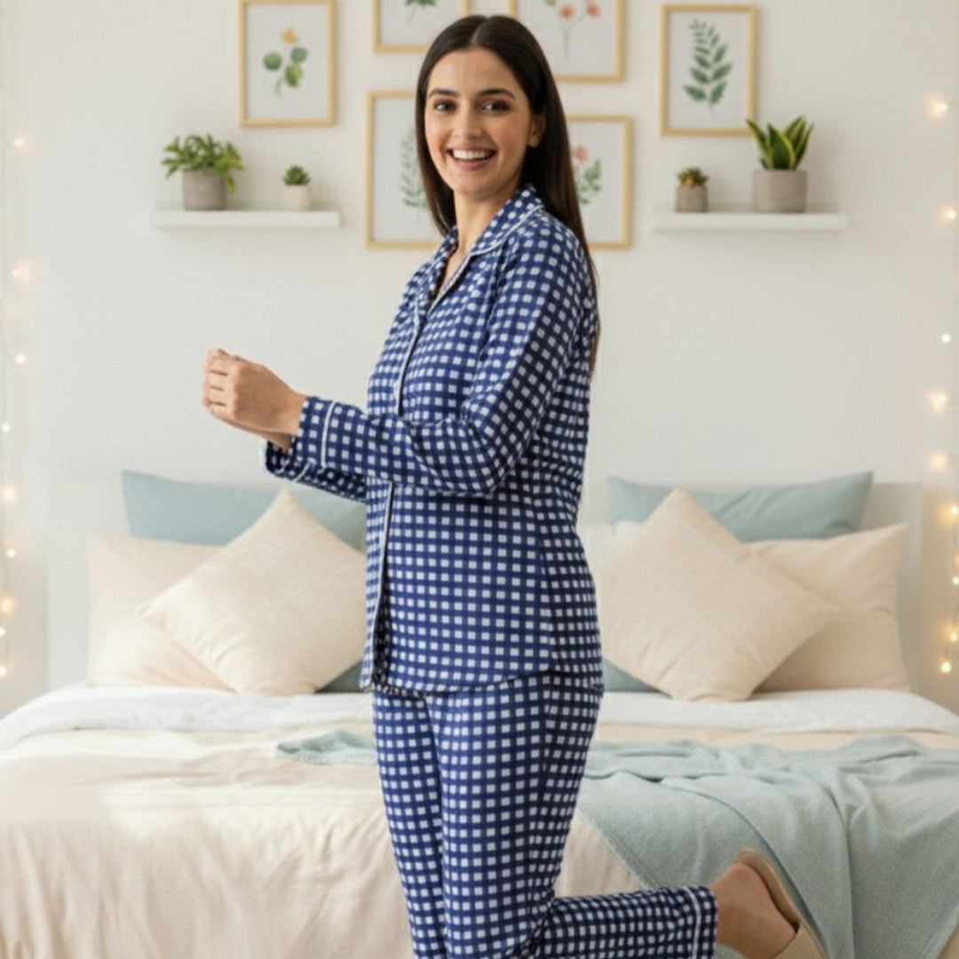 Blue Checkerboard| Adult Nightsuit Set| Pure Cotton