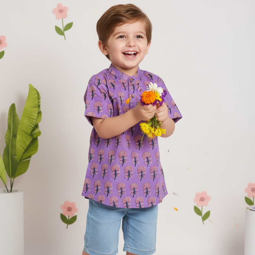 Cotton Boys Kurta Shirt Purple Boota