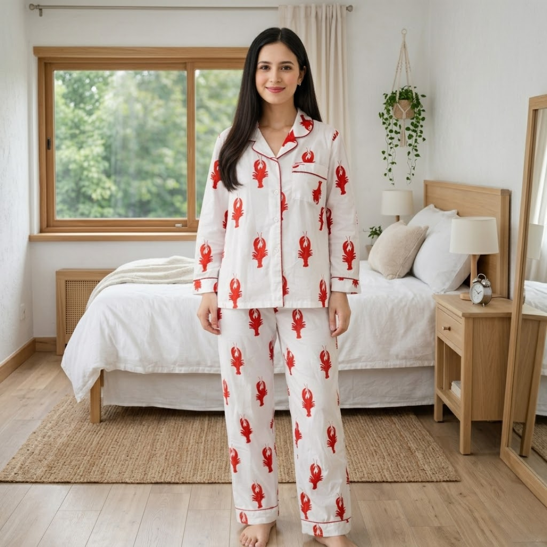 Red Lobster | Adult Nightsuit Set| Pure Cotton