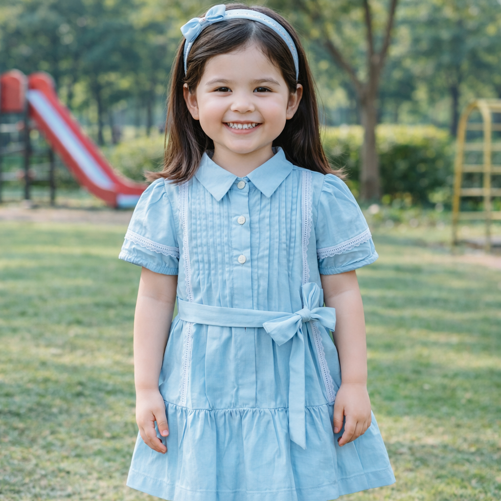 Tiffany Blue short Dress for Girls| Linen with Laces