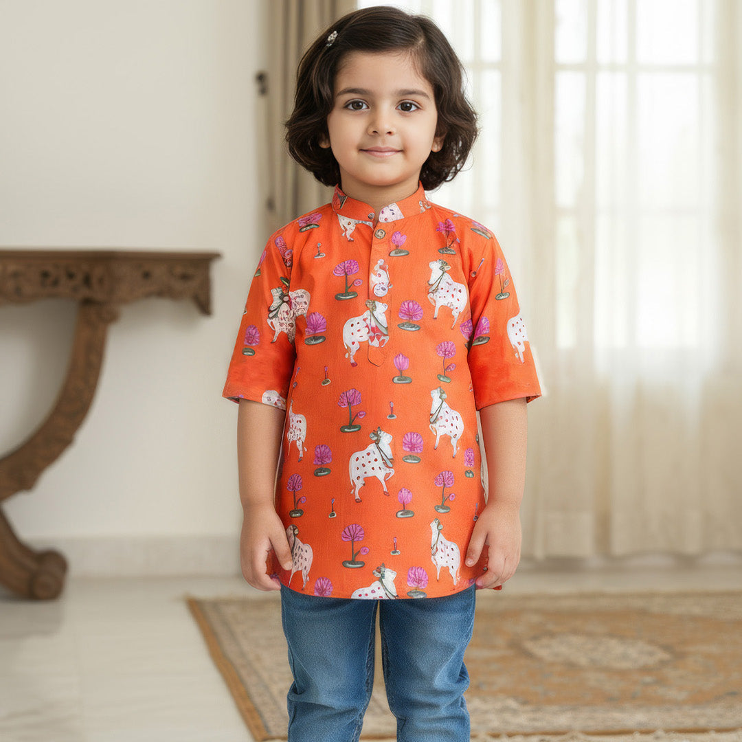 Orange  Pichwai Kurta Shirt for Boys| Pure Cotton