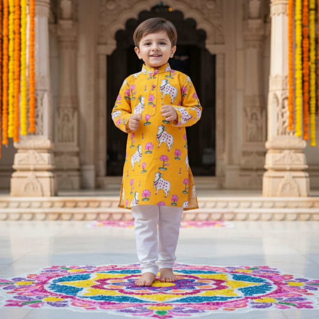 Yellow Pichwai Sibling Twinning Outfits| Pure Cotton