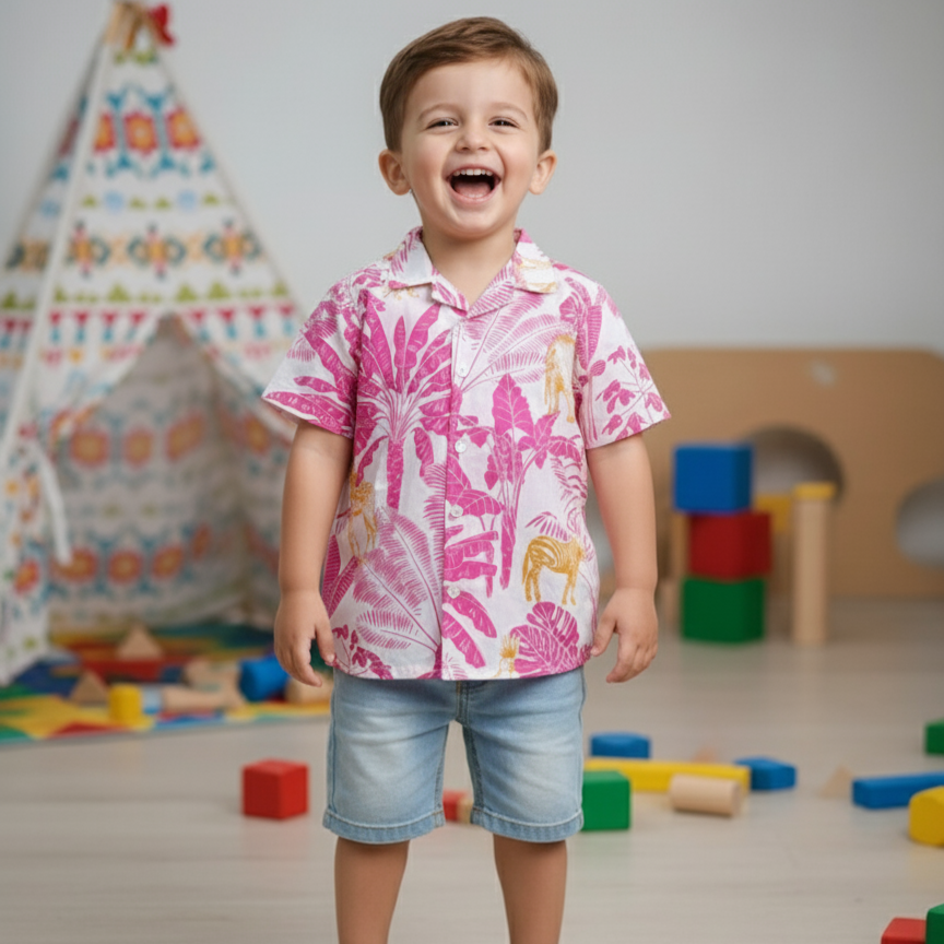 Hawaiian Shirt for Boys| Pink Jungle| Pure Cotton