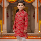 Red Bandhani Kurta Pajama Set for Boys| Pure Cotton