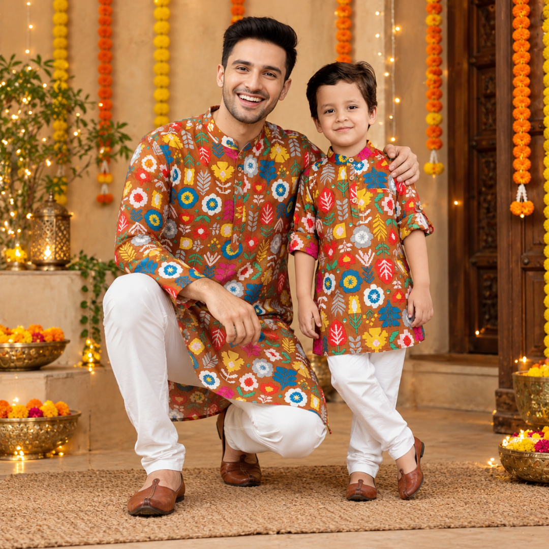 Comfortable Father & Kids Twining Kurta Pajama Set | Mustard Patola | Pure Cotton