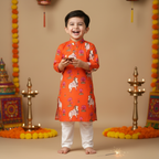 Orange Pichwai Kurta Pajama Set | Pure Cotton
