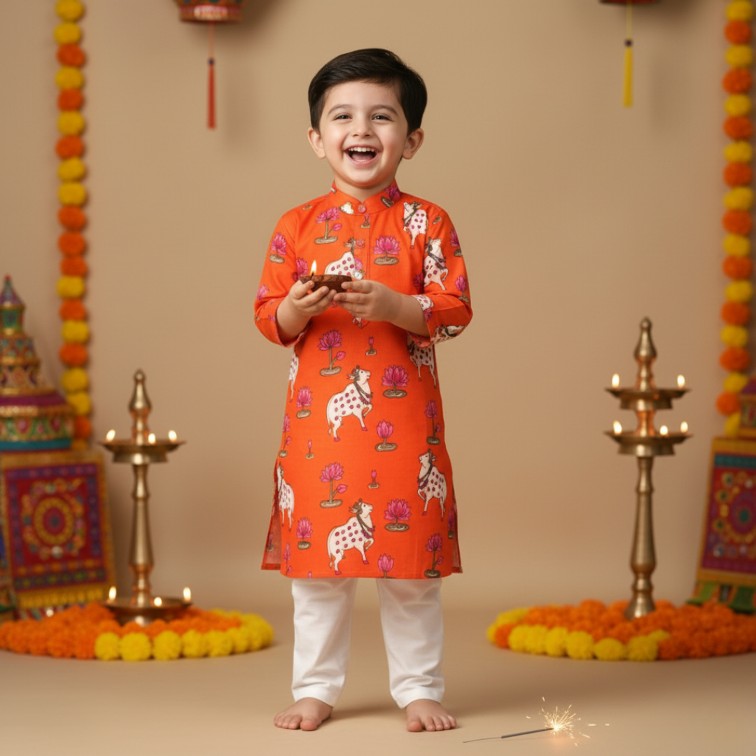 Orange Pichwai Kurta Pajama Set | Pure Cotton