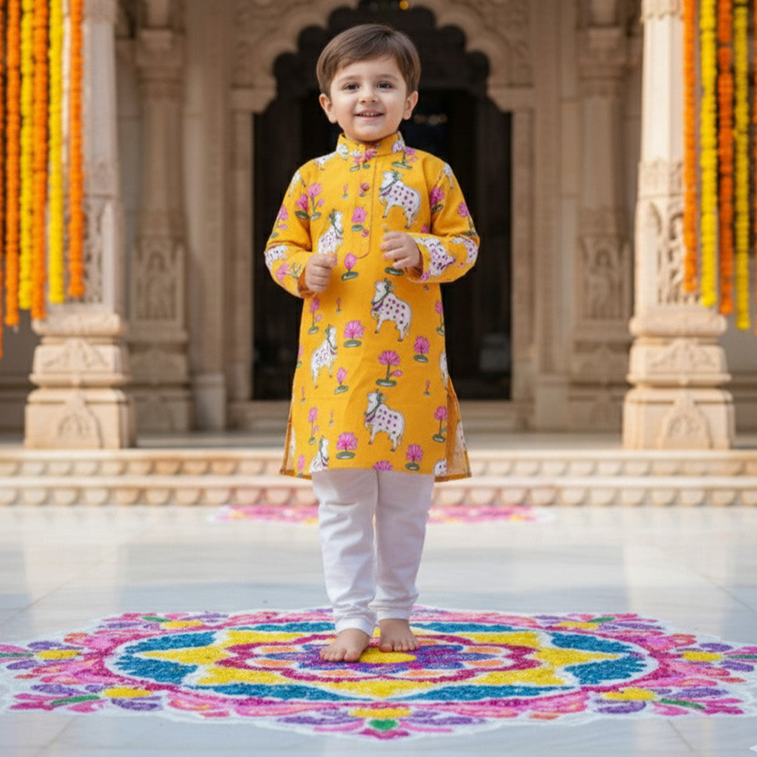 Yellow Pichwai Kurta Pajama Set for Boys| Pure Cotton