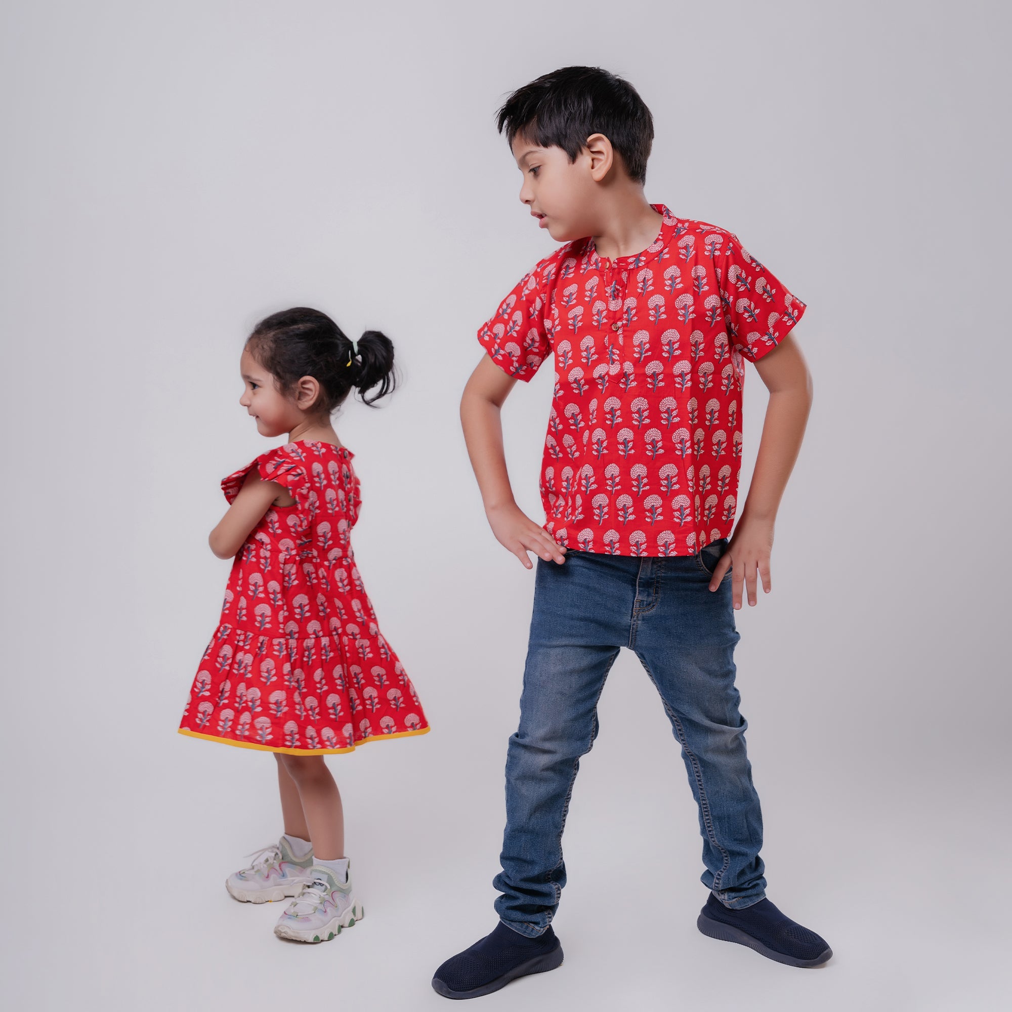 Cotton Red Boota Sibling Twinning Outfits