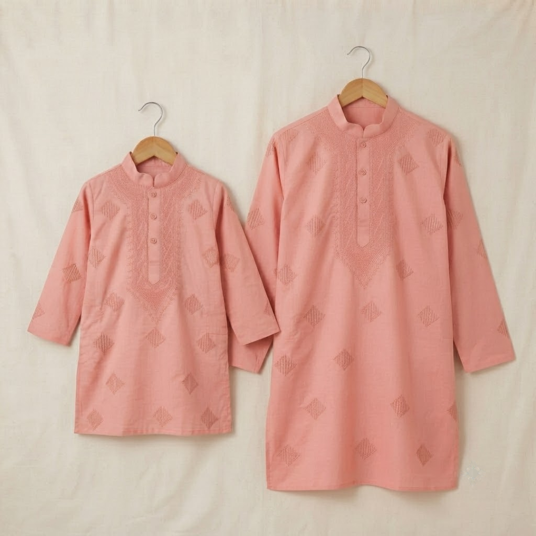 Dusty Rose | Father & Kids Twining Kurta Pajama Set | Lucknow Chikankari | Pure Cotton Silk