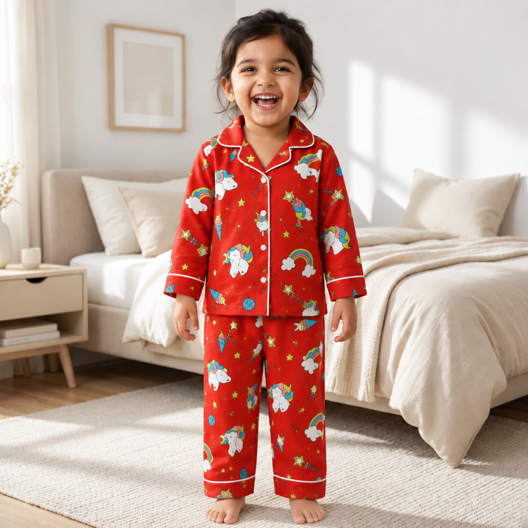 Magical Unicorn Dreams | Red | Kids Night suit Set |Pure Cotton