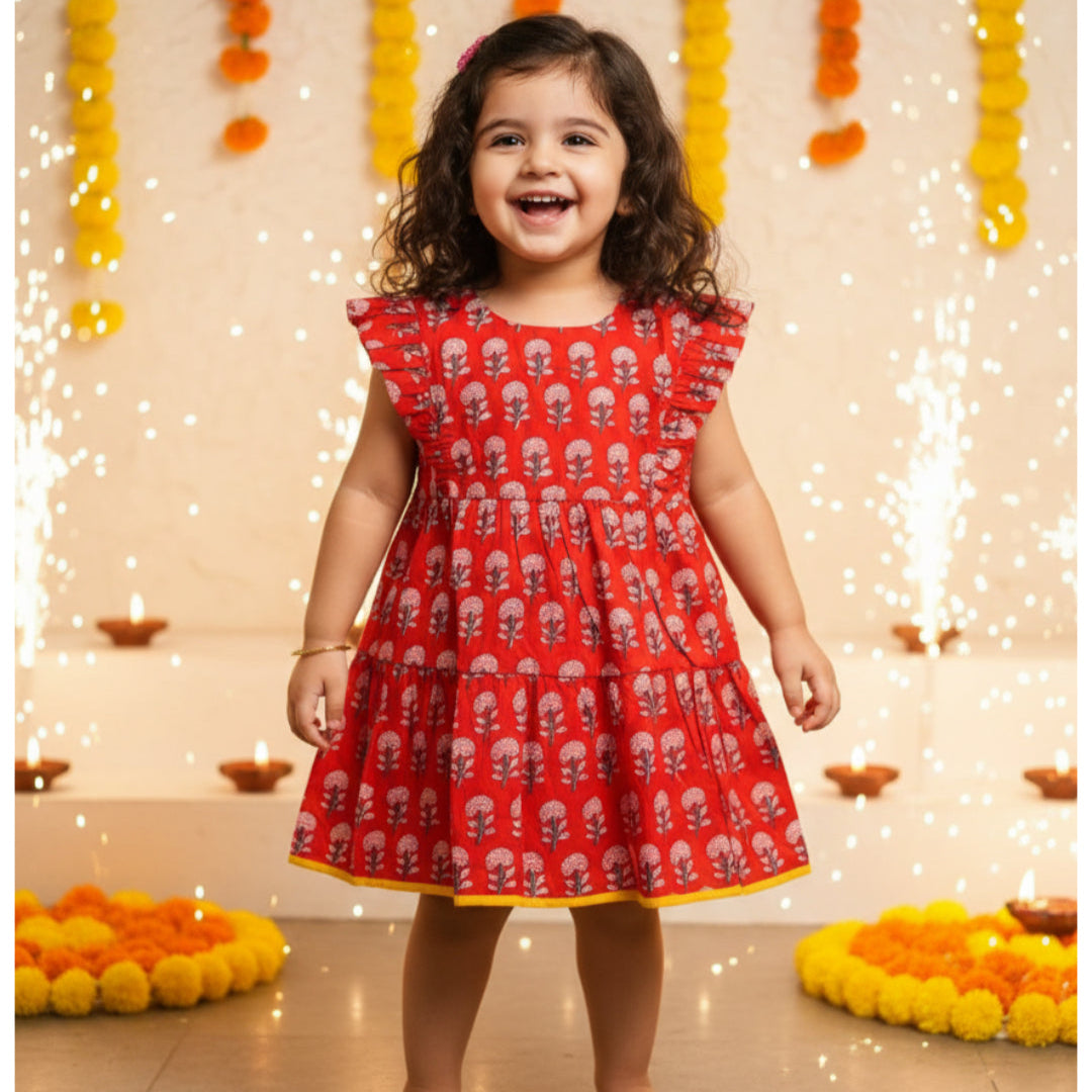 Cotton Girls Frock Red Boota
