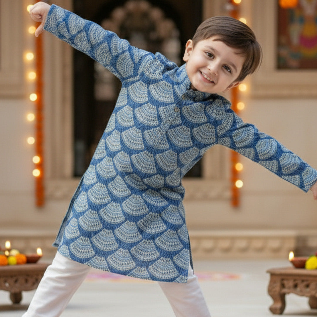 Blue Bandhani Kurta Pajama Set for Boys| Pure Cotton