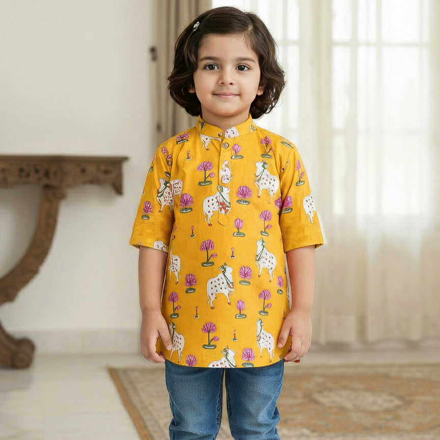Yellow  Pichwai Kurta Shirt for Boys| Pure Cotton