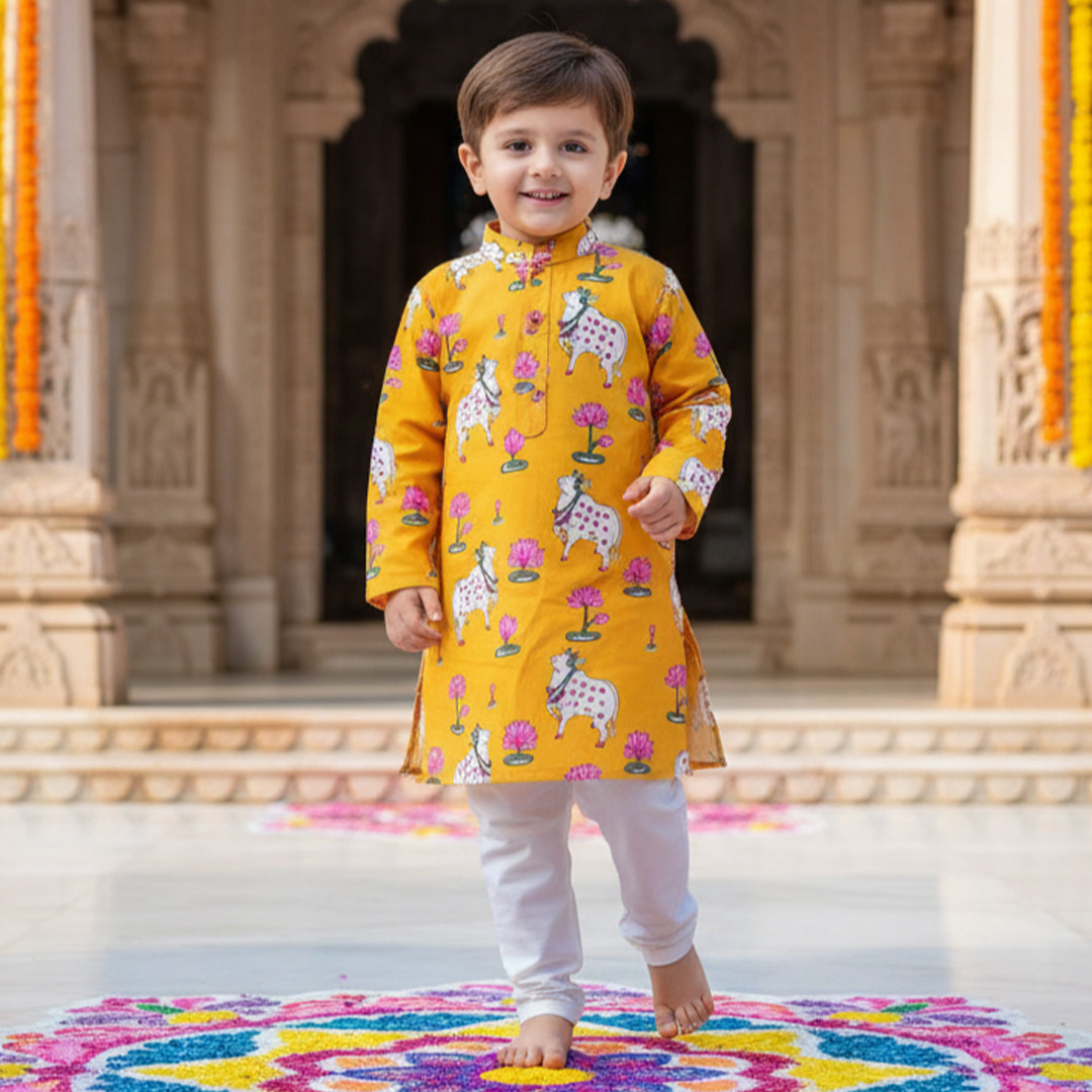 Yellow Pichwai Kurta Pajama Set | Pure Cotton