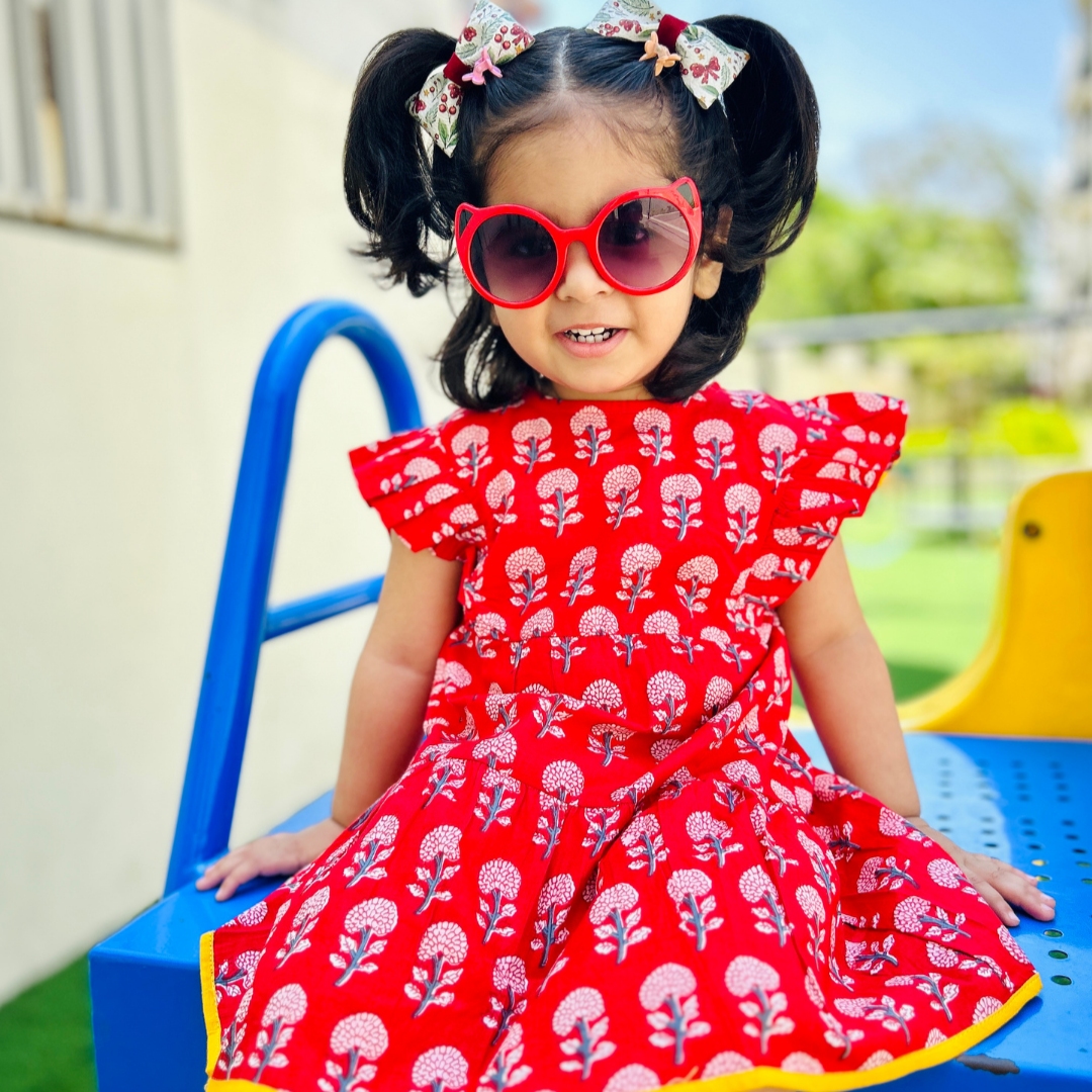 Cotton Girls Frock Red Boota