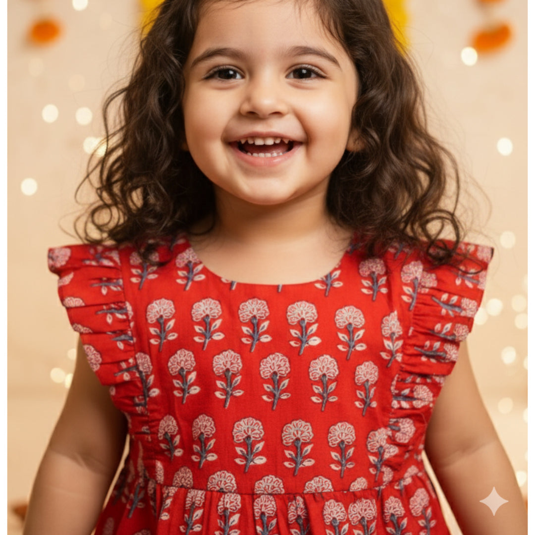 Cotton Girls Frock Red Boota