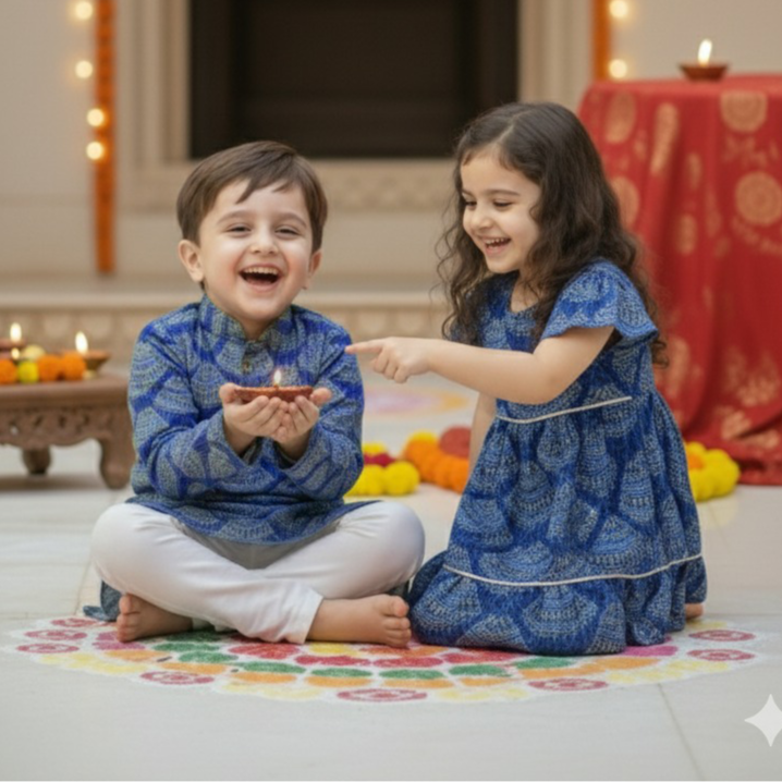 Blue Bandhani Sibling Twinning Outfits| Pure Cotton