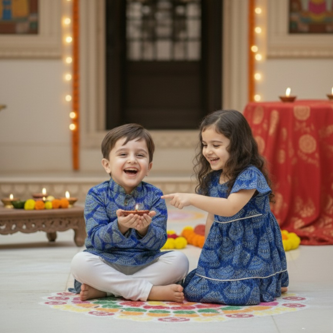 Blue Bandhani Sibling Twinning Outfits| Pure Cotton