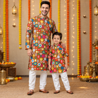 Comfortable Father & Kids Twining Kurta Pajama Set | Mustard Patola | Pure Cotton