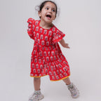 Cotton Girls Frock Red Boota