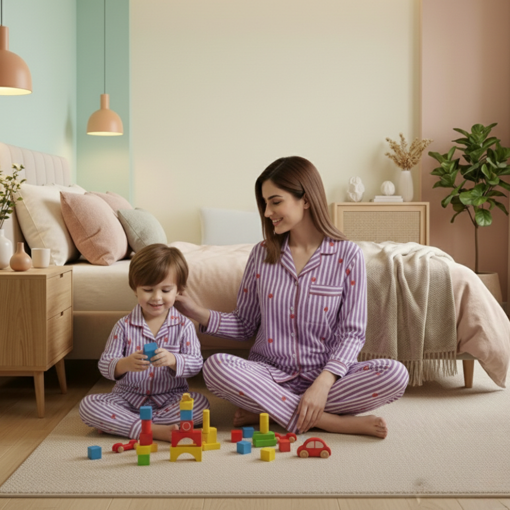 Purple Hearts Twinning Nightsuit Set| Pure Cotton