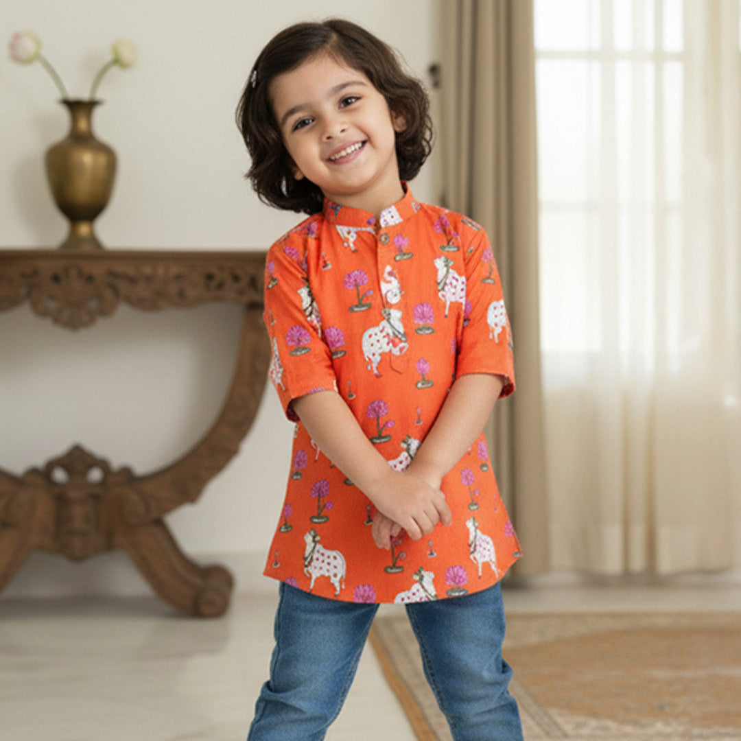 Orange  Pichwai Kurta Shirt for Boys| Pure Cotton