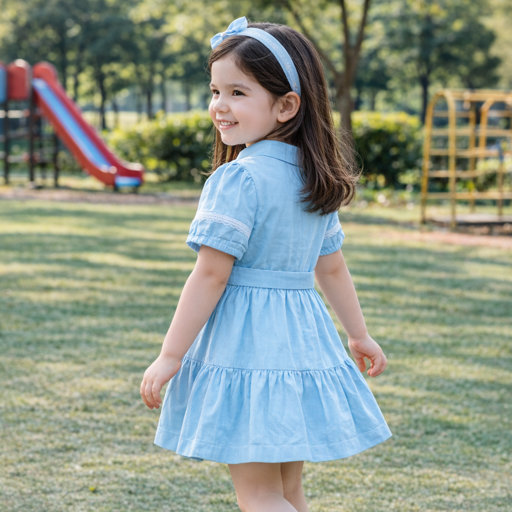 Tiffany Blue short Dress for Girls| Linen with Laces