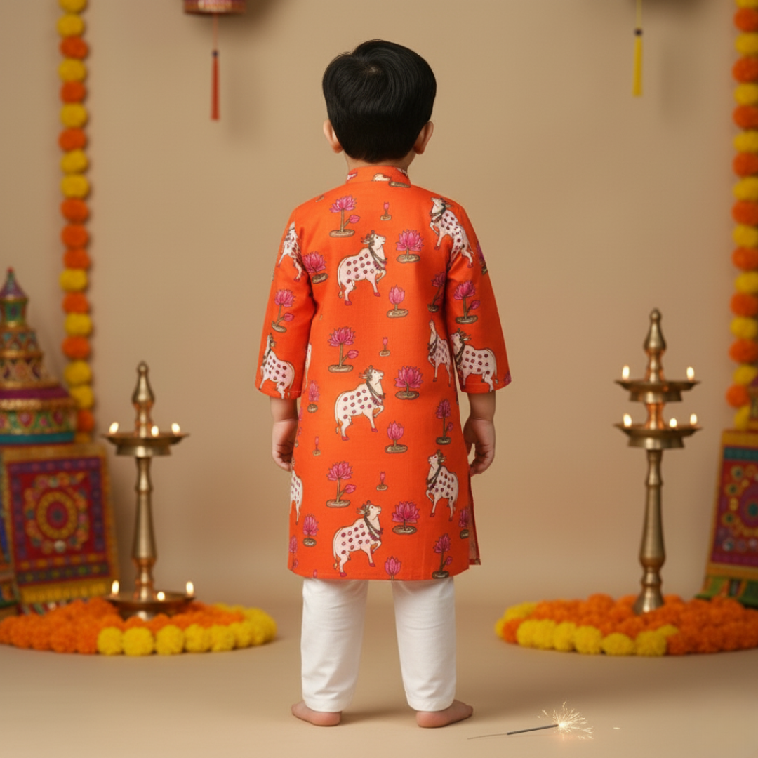 Orange Pichwai Kurta Pajama Set | Pure Cotton