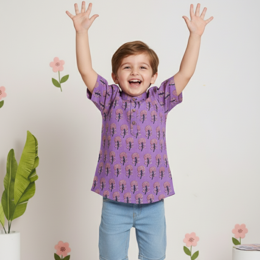 Cotton Boys Kurta Shirt Purple Boota