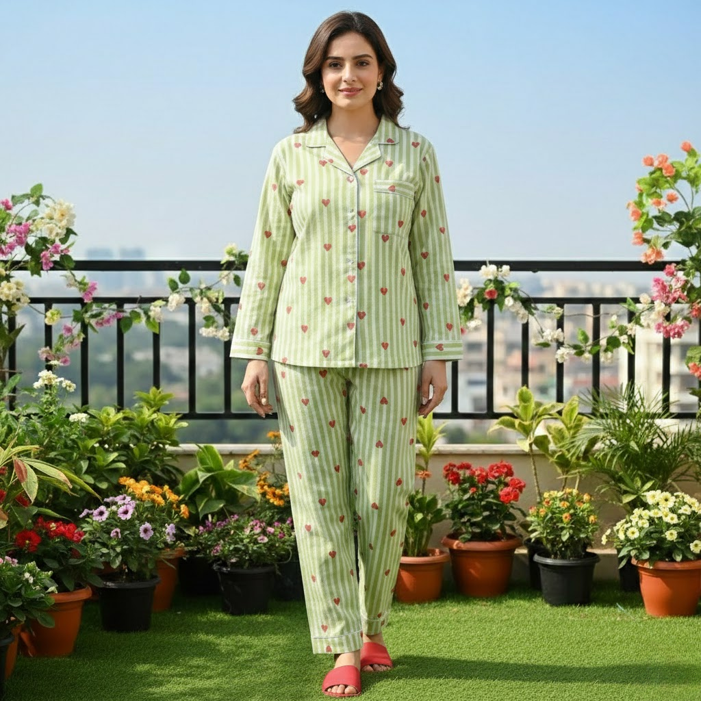 Green Hearts Twinning Nightsuit Set| Pure Cotton