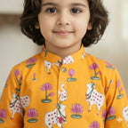 Yellow  Pichwai Kurta Shirt for Boys| Pure Cotton