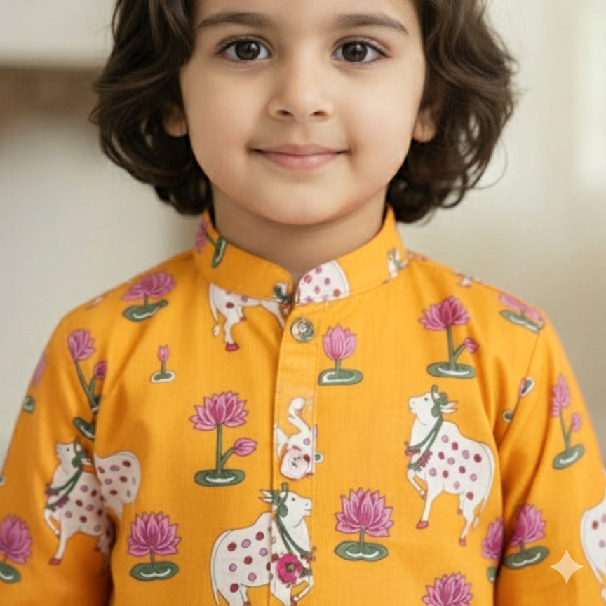 Yellow  Pichwai Kurta Shirt for Boys| Pure Cotton