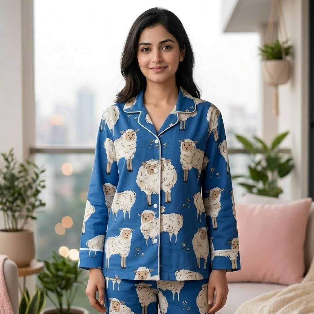 Baa Baa Blue Sheep | Adult Nightsuit Set| Pure Cotton