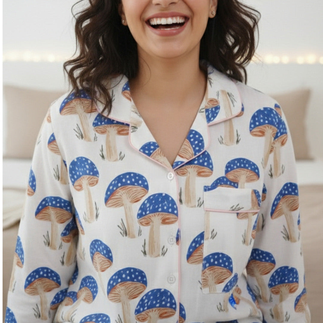 Blue Mushrooms| Adult Nightsuit Set| Pure Cotton