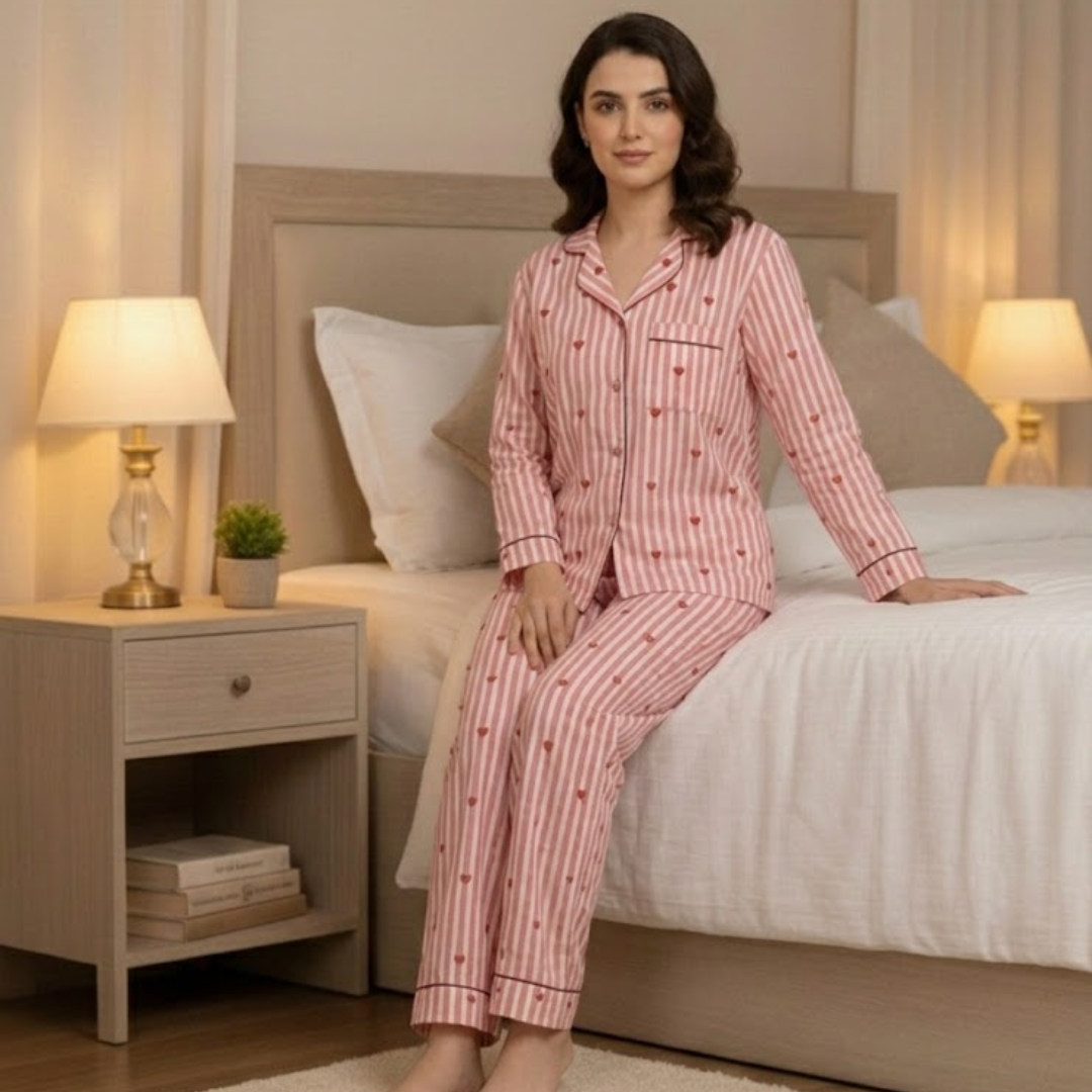 Pink Hearts | Adult Nightsuit Set| Pure Cotton