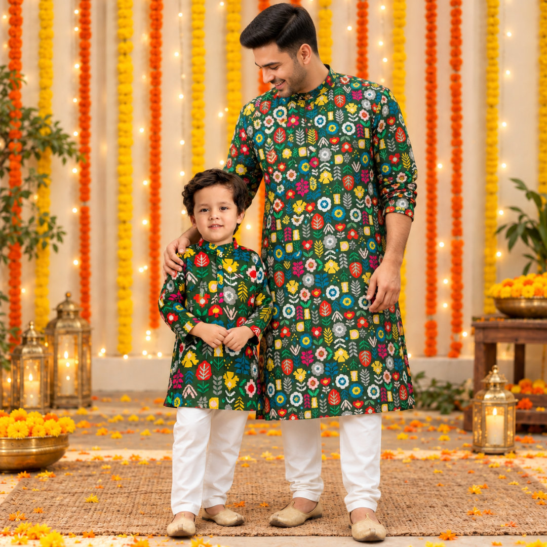 Comfortable Father & Kids Twining Kurta Pajama Set | Green Patola | Pure Cotton